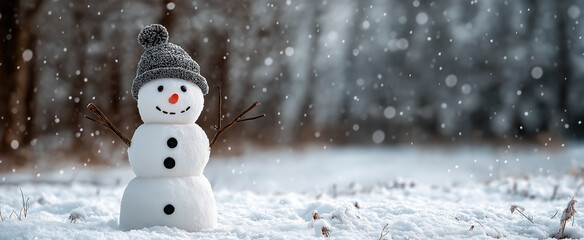 Snowman in a winter landscape with copy space