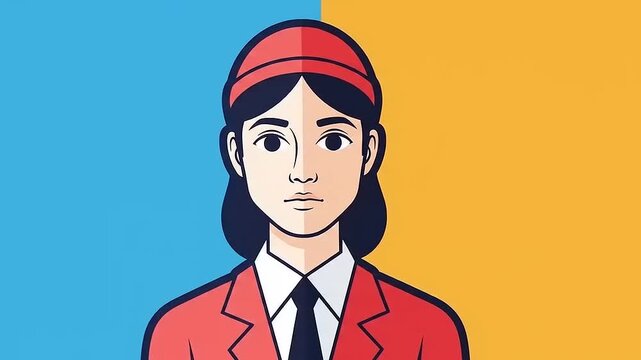 Illustration of a person with a red hat and jacket against a split blue and yellow background.