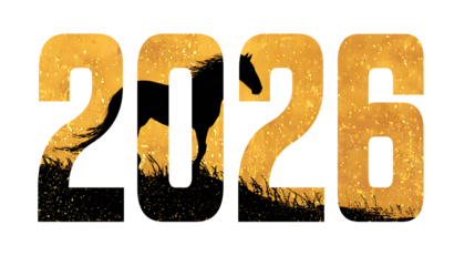 2026 new year number with dark horse silhouette, gold and black abstract texture, isolated on transparent background.