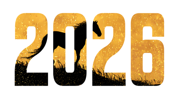 2026 new year number with dark horse silhouette, gold and black abstract texture, isolated on transparent background.