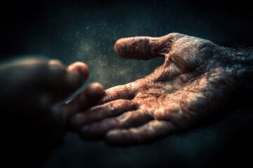 Fototapeta premium Outstretched hands reaching in a dim, dramatic light, one worn and tattered, suggesting hope, despair, or a plea for connection in dark times