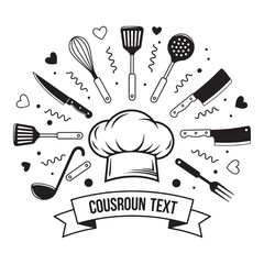 Collection of hand drawn kitchen utensils and chef hat arranged in a circular pattern with decorative elements