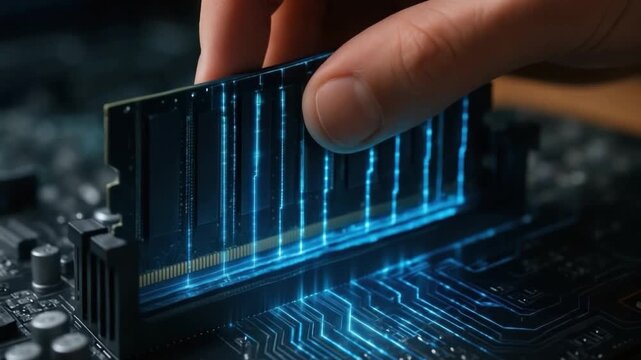 High Tech Memory Module Installation on Circuit Board Showcasing Electronics, Glowing Connections, and Intricate Technology Details in Computer Design
