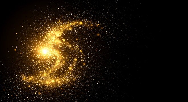 Golden swirling galaxy of sparkling dust and light particles against a dark, mysterious background, evoking cosmic wonder