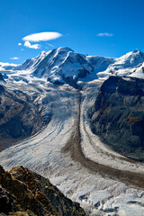 View onto the twin glacier and the border glacier with the summit of the Liskamm from the Gornergrat on a sunny autumn day in the canton of Valais, Switzerland