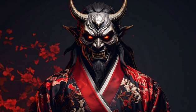 Menacing Oni Mask with Red Eyes and Floral Accents.
