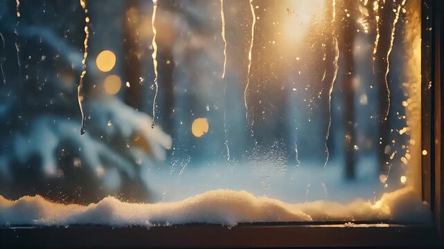 Cozy Winter Scene Through a Snow Covered Window with Warm Lights. Virtual backgrounds loop animation for stream overlay, meditation, smooth jazz or white noise video. Cozy lo-fi background.