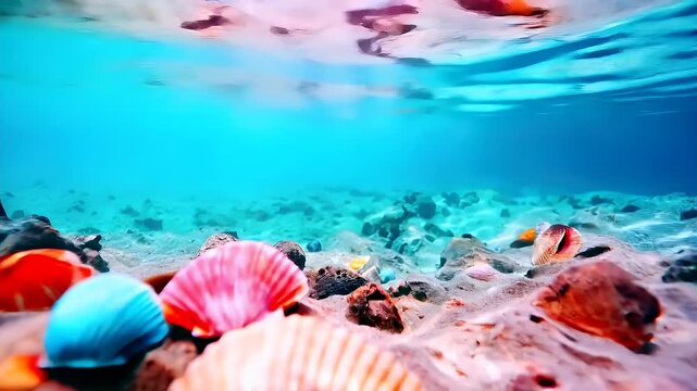 Underwater scene with colorful seashells and marine life.