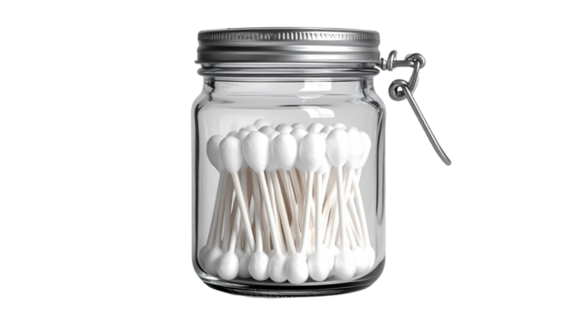 A realistic PNG of a glass jar filled with cotton swabs, clean and minimal.
Ideal for bathroom decor, hygiene themes, skincare branding, and organization visuals.