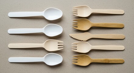 Biodegradable disposable tableware, including spoons, forks, and knives on a table