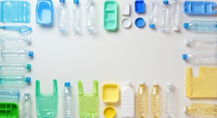Flat lay of various plastic bottles and containers isolated on white background