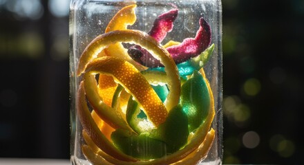 Closeup of colorful citrus peels in a glass jar, illuminated by sunlight
