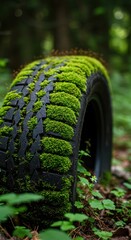 Old car tire covered with green moss in the forest, nature reclaiming waste
