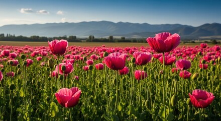 Vast Field of Vibrant Pink Poppies Under a Clear Blue Sky.