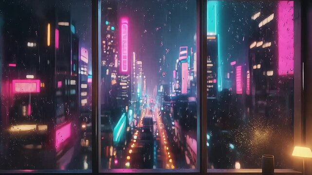 Cyberpunk Cityscape View from Window at Night - Neon Lights and Urban Glow. Virtual backgrounds loop animation for stream overlay, meditation, smooth jazz or white noise video. Cozy lo-fi background.