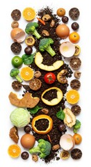 Organic waste and compost isolated on white background, top view, vertical shot