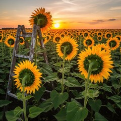 Vast Sunflower Field at Sunset with Rustic Ladder.