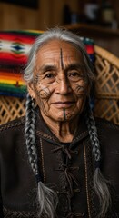 Portrait of an indigenous woman with traditional face tattoos in mexico