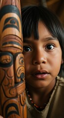 Indigenous girl with a totem pole in a traditional setting, portrait