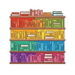 Colorful Bookshelf Displaying Rainbow Books with Varying Heights and Horizontal Composition