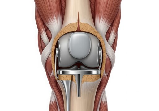 Anatomical illustration of a total knee replacement surgery