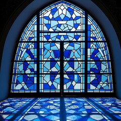 Sunlight casting patterned shadows through a magnificent arched stained glass window with an intricate geometric Blue Background