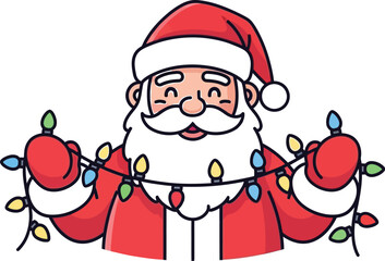 Santa claus holding christmas lights with a happy expression on a white background