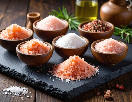 Variety Of Salts And Spices In Wooden Bowls On Black Slate Stone With Rosemary Sprig And Olive Oil