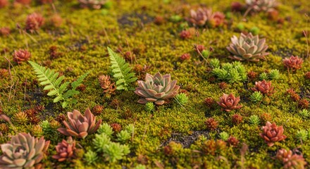 Closeup of a green roof with succulents, moss, and fern growing in the garden