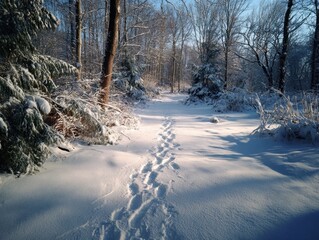 Sunlit Winter Forest Pathway Fresh Snow Footprints Woodland Scene Bare Branches Evergreen Trees Cold Weather Beauty Outdoors Exploration Morning Light