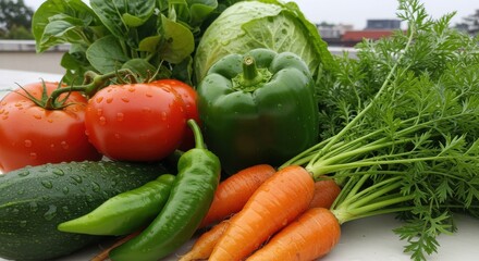 Fresh vegetables on white surface, including tomatoes, carrots, peppers, and cabbage