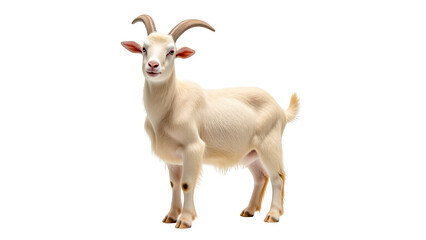 Fototapeta premium Cute, fluffy goat stands confidently, showcasing its curved horns and bright eyes. This charming animal embodies playful spirit and is perfect