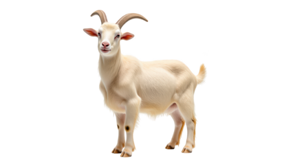 Cute, fluffy goat stands confidently, showcasing its curved horns and bright eyes. This charming animal embodies playful spirit and is perfect