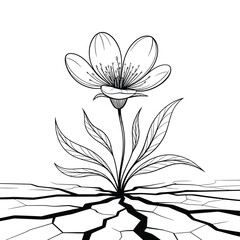 Single flower blooming from cracked dry earth illustration