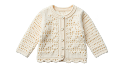 Soft, cozy, knitted cardigan for infants featuring delicate pattern and button closure. Perfect for keeping little ones warm and stylish