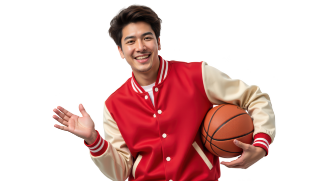 Energetic young man in red varsity jacket holding basketball, smiling and waving. image conveys sense of enthusiasm and sportsmanship