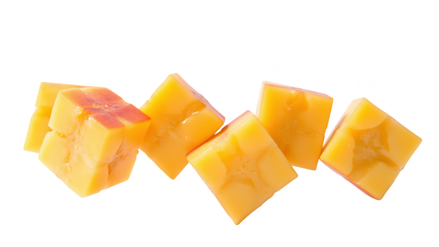 Cheese cubes arranged artistically, showcasing vibrant yellow color and smooth texture, perfect for snacking or culinary presentations