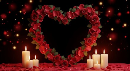 Heart Shape of Red Roses with Candles and Petals on Black Background love romance