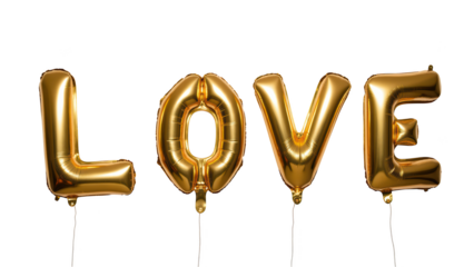 Golden balloons spell out word LOVE, creating festive and cheerful atmosphere perfect for celebrations