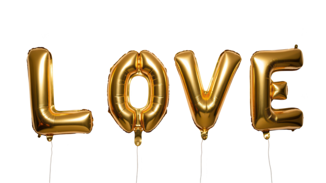 Golden balloons spell out word LOVE, creating festive and cheerful atmosphere perfect for celebrations