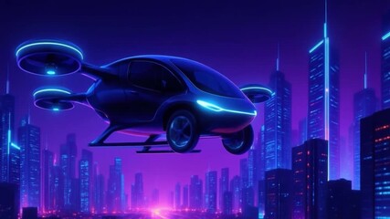 Futuristic flying car gliding over vibrant city skyline at night, glowing with neon lights, highlighting advanced technology and innovation - Powered by Adobe