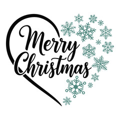 Merry christmas text inside a heart shape formed by delicate snowflakes and a bold black outline