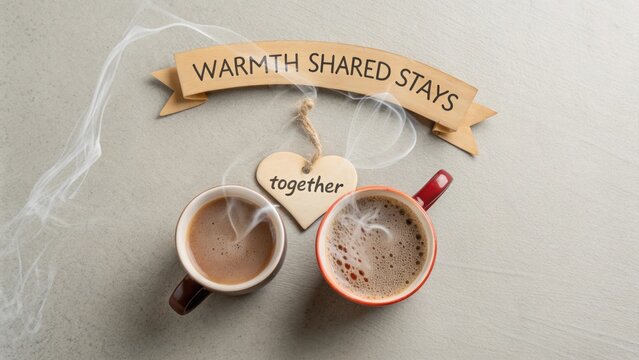 Flat Lay of Two Ceramic Cups Touching at Rims with Steam - Powered by Adobe