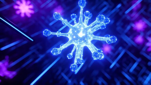 Glowing, digital rendering of a virus structure with a network of light and spherical protrusions
