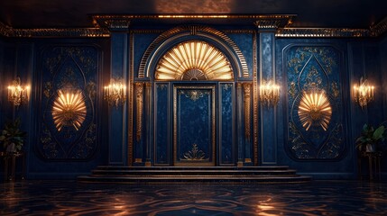 Elegant blue & gold palace door; grand interior; reflective floor; event backdrop