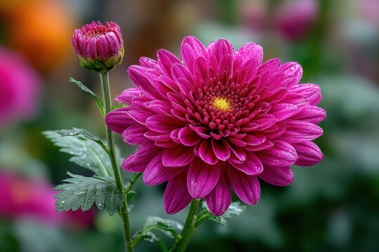 Vibrant Pink Chrysanthemum Flower with Bud and Water Drops - Powered by Adobe