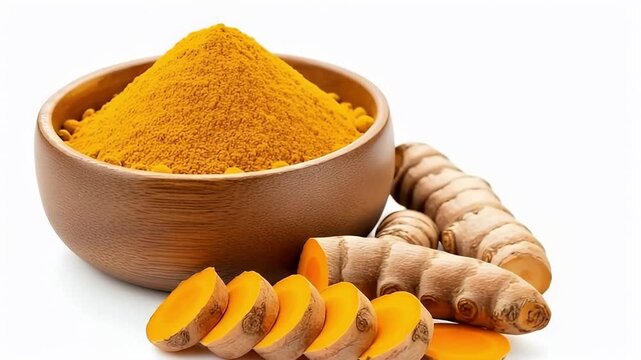 A vibrant studio shot showcases a rich, golden yellow powder presented in a rustic wooden bowl, artfully arranged alongside fresh, raw root rhizomes and neatly sliced pieces. The vivid orange interior