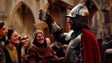 A vivid portrayal of a medieval setting, with a knight in chainmail armor raising a mug in celebration. The knights helmet and chainmail are prominently featured. - Powered by Adobe