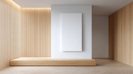 Fototapeta premium Scandinavian home design features a serene space with wooden paneling, a simple white wall, and a minimalist bench. Soft lighting enhances the tranquil atmosphere of the room