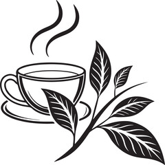 Monochrome Outline Icon of Steaming Tea Cup and Tea Leaves Branch